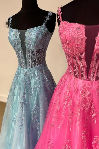 Bateau Sleeveless Lace Tulle A-Line Prom Dress