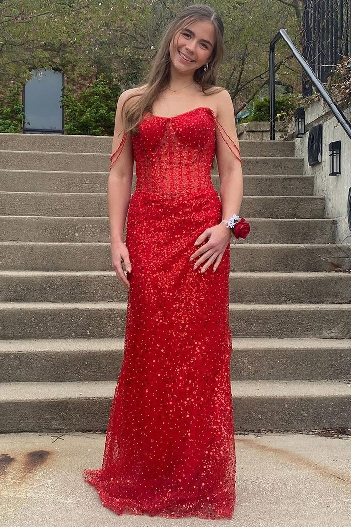 Bateau Sleeveless Mermaid Sequin Party Prom Dress With Train