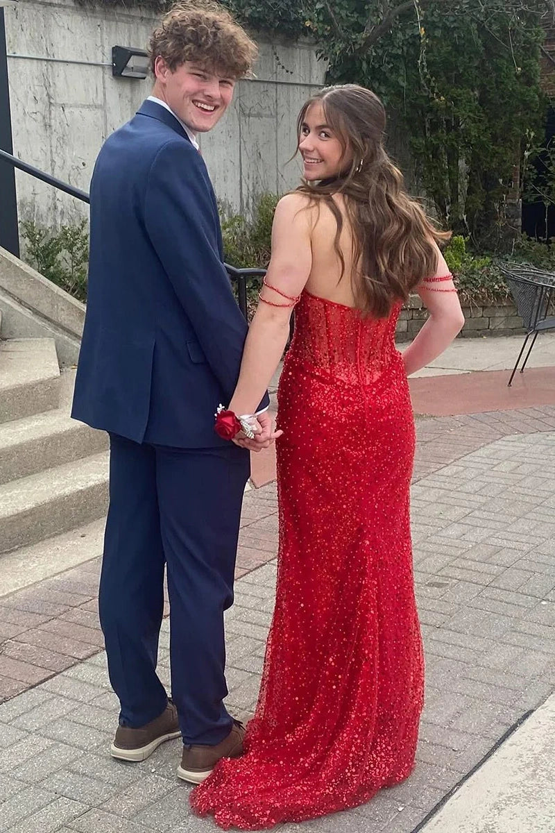 Bateau Sleeveless Mermaid Sequin Party Prom Dress With Train