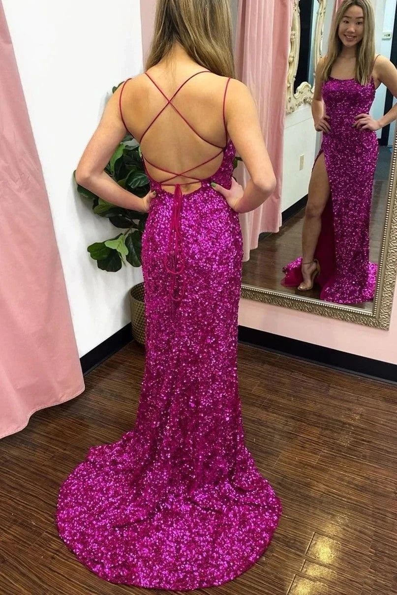 Bateau Spaghetti Straps Fully Sequins Mermaid Prom Dress