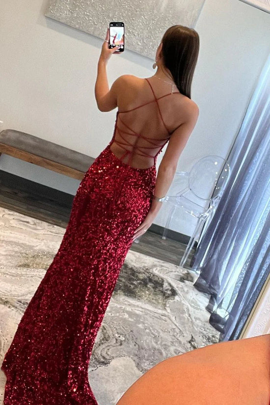 Bateau Spaghetti Straps Lace Up Sequins Party Prom Dress
