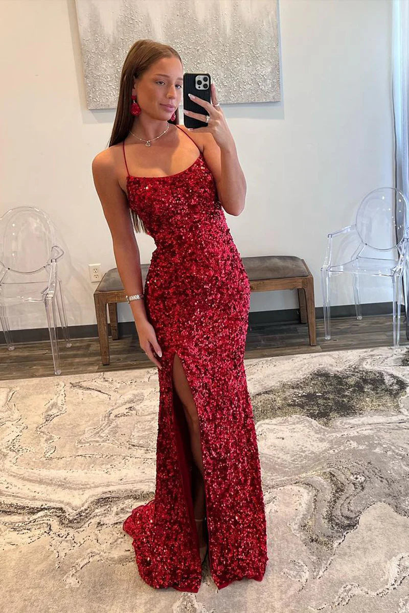 Bateau Spaghetti Straps Lace Up Sequins Party Prom Dress