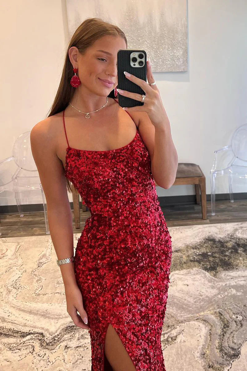 Bateau Spaghetti Straps Lace Up Sequins Party Prom Dress