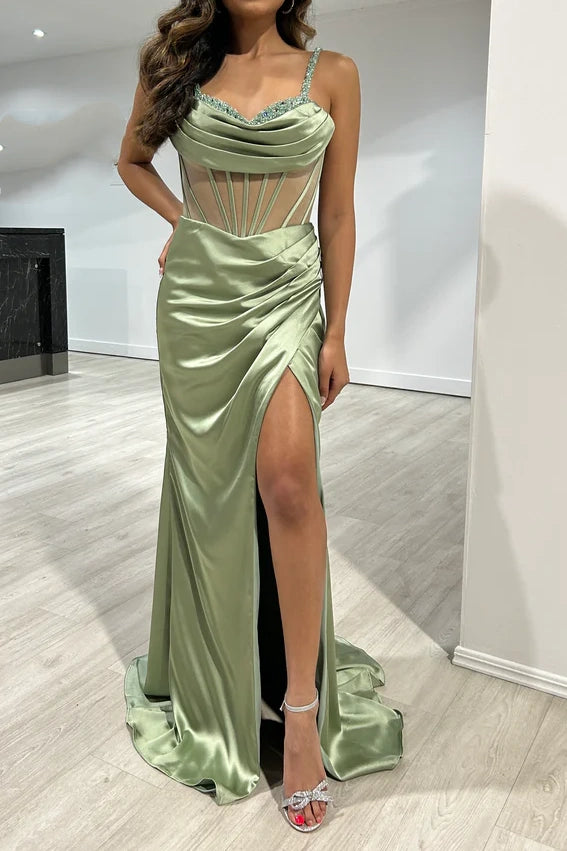 Bateau Spaghetti Straps Sheer Empire Prom Dress With Side Slit