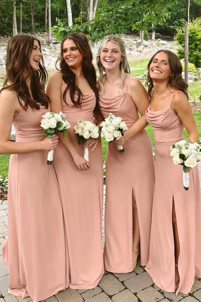 Bateau Spaghetti Straps Sleeveless With Slit Bridesmaid Dress