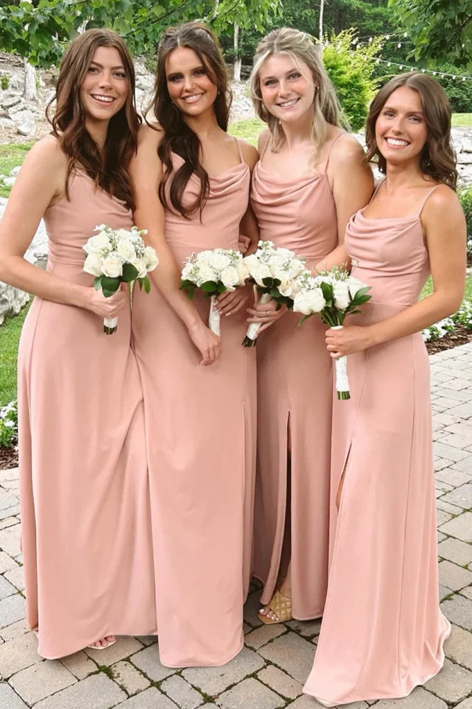 Bateau Spaghetti Straps Sleeveless With Slit Bridesmaid Dress