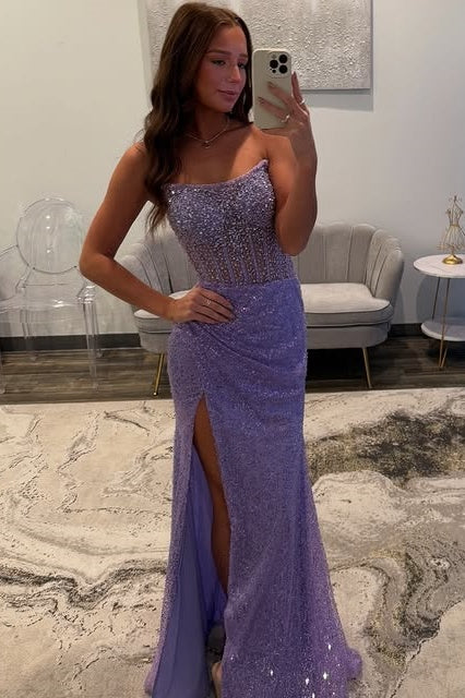 Bateau Strapless Beaded Empire Sequins Party Prom Dress With Slit