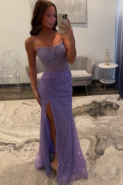 Bateau Strapless Beaded Empire Sequins Party Prom Dress With Slit