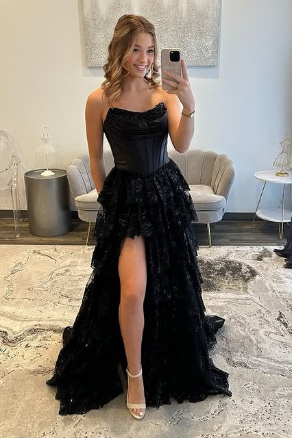 Bateau Strapless Empire A-Line Tiered Lace Party Prom Dress