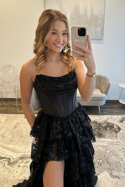 Bateau Strapless Empire A-Line Tiered Lace Party Prom Dress