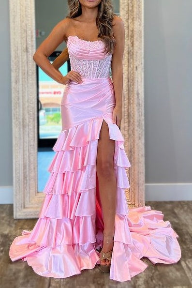 Bateau Strapless Empire Appliques Tiered Formal Party Dress