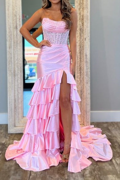 Bateau Strapless Empire Appliques Tiered Formal Party Dress