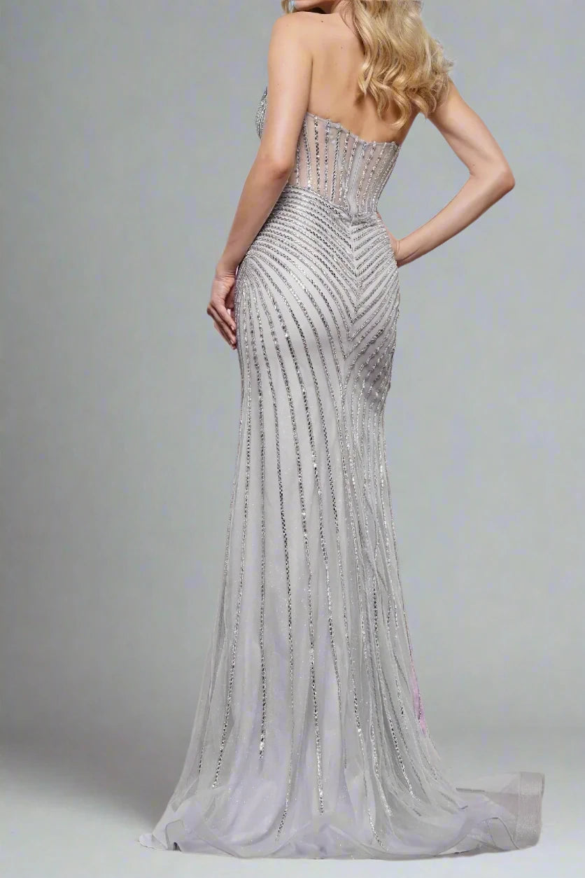 Bateau Strapless Empire Beaded Formal Prom Dress With Slit