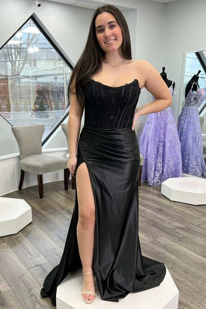 Bateau Strapless Empire Lace Appliques With Side Slit Prom Dress