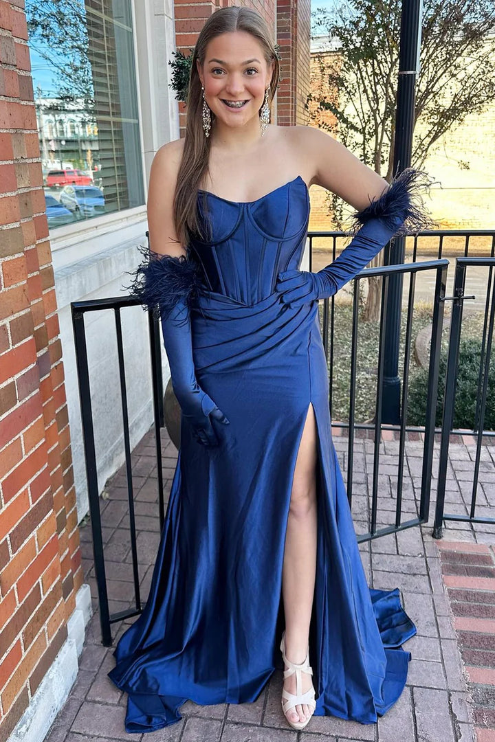 Bateau Strapless Empire Ruched With Side Slit Prom Dress