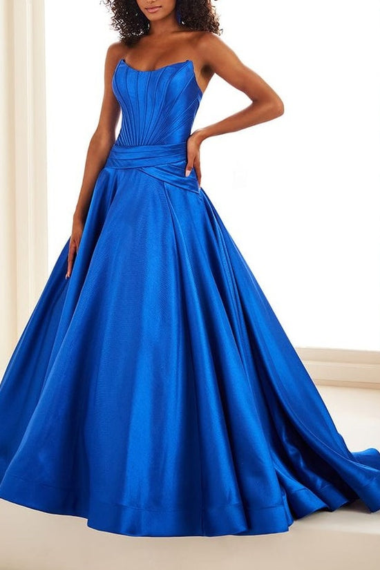 Bateau Strapless Empire Satin A-Line Ruched Prom Dress