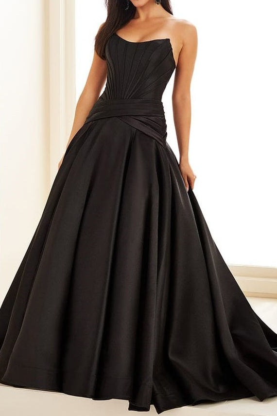 Bateau Strapless Empire Satin A-Line Ruched Prom Dress