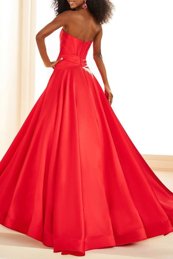 Bateau Strapless Empire Satin A-Line Ruched Prom Dress