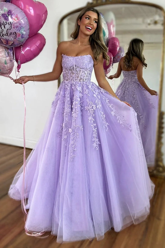 Bateau Strapless Empire Tulle A-Line Appliques Party Prom Dress