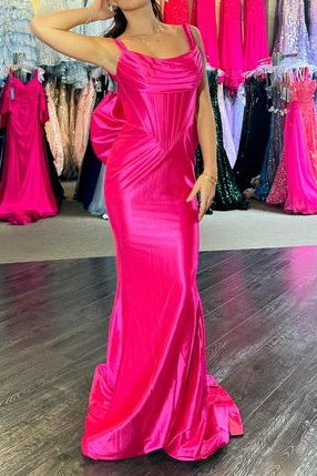 Bateau Strapless Open Back With Bow Formal Prom Dress