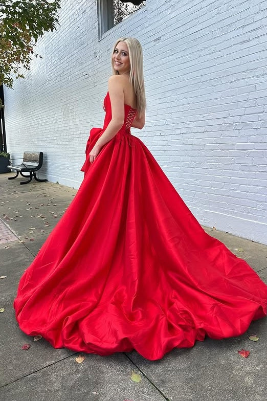 Bateau Strapless Satin A-Line Empire Party Prom Dress With Train