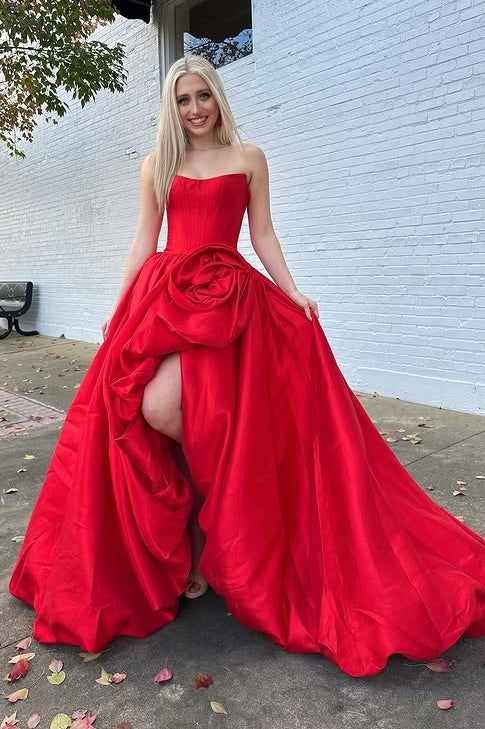 Bateau Strapless Satin A-Line Empire Party Prom Dress With Train