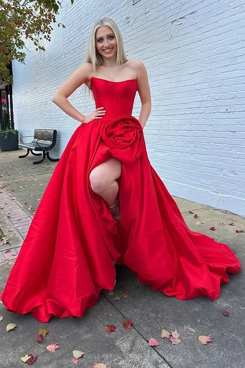 Bateau Strapless Satin A-Line Empire Party Prom Dress With Train