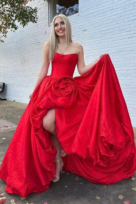 Bateau Strapless Satin A-Line Empire Party Prom Dress With Train