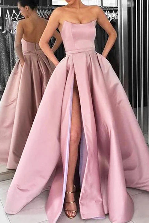 Bateau Strapless Satin A-Line Long Prom Dress
