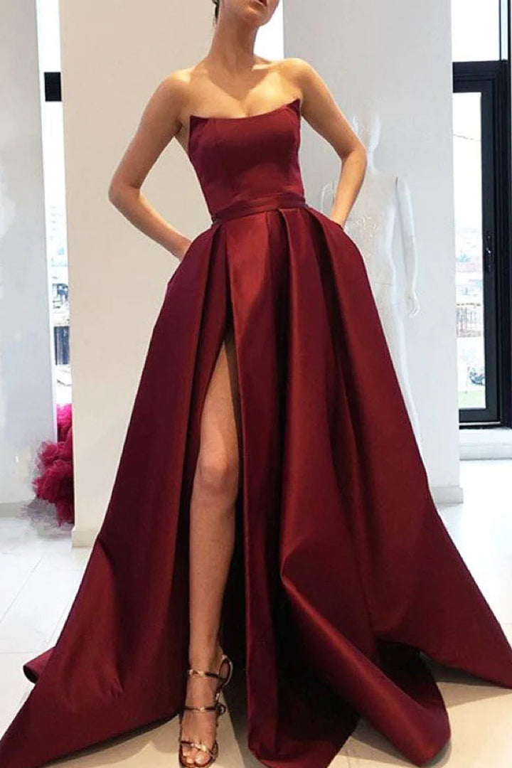 Bateau Strapless Satin A-Line Long Prom Dress
