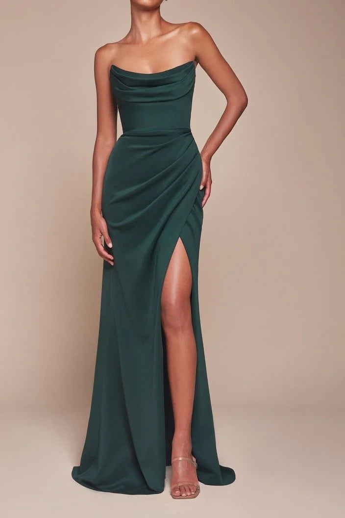 Bateau Strapless Satin Empire Long Bridesmaid Dress