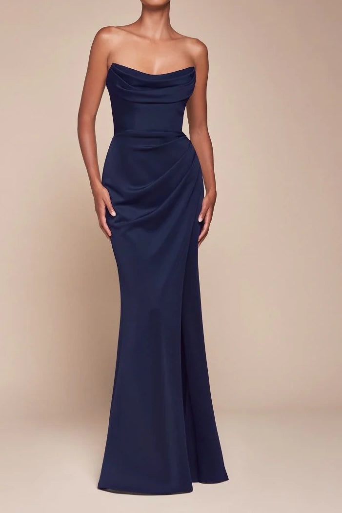 Bateau Strapless Satin Empire Long Bridesmaid Dress