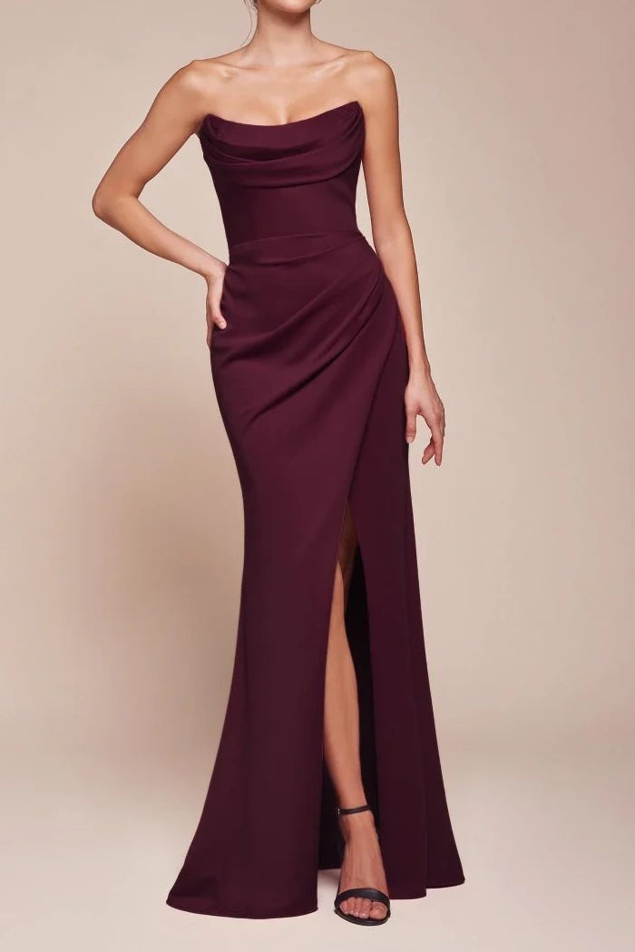 Bateau Strapless Satin Empire Long Bridesmaid Dress