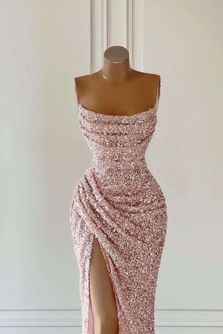 Bateau Strapless Sequins Fitted With Side Slit  Long Prom Dress