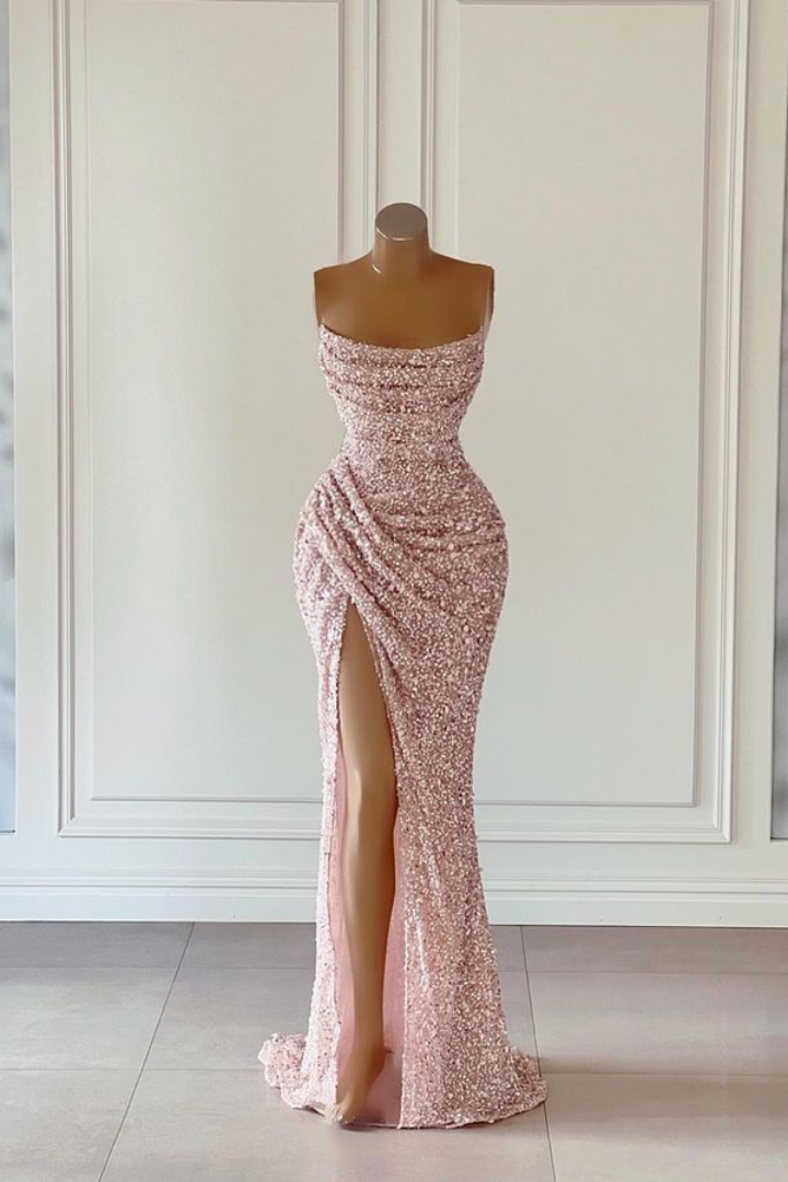 Bateau Strapless Sequins Fitted With Side Slit  Long Prom Dress