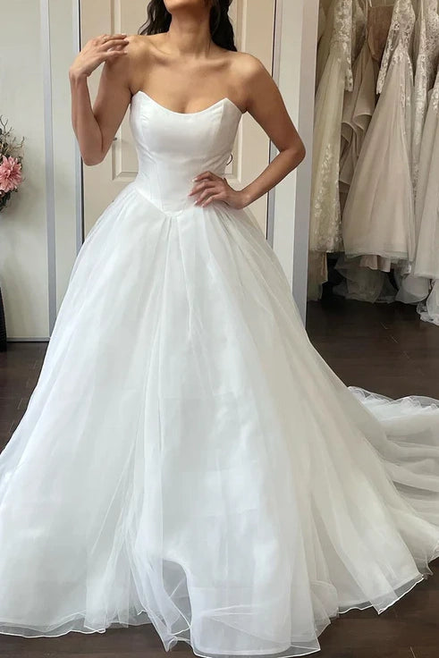 Bateau Strapless Tulle A-Line Empire Wedding Dress