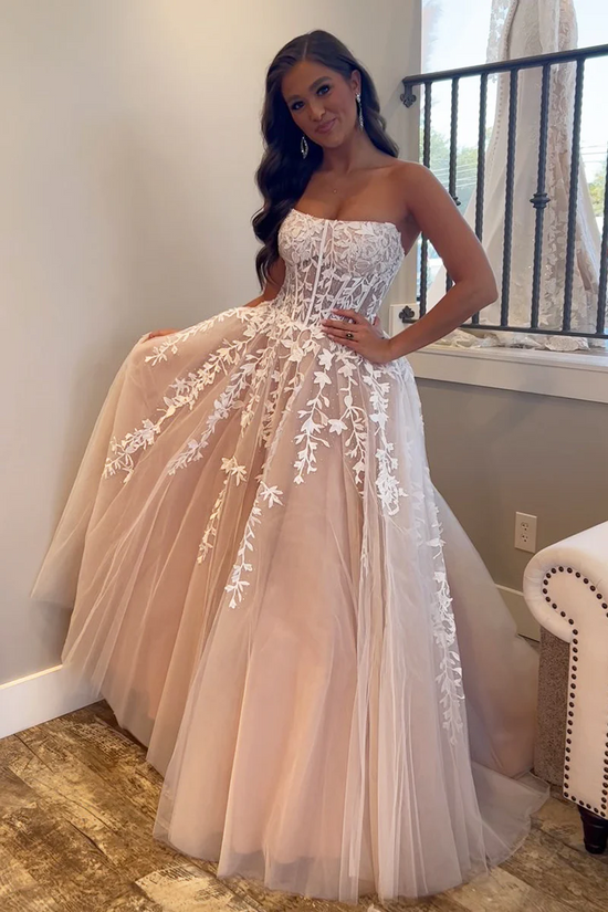 Bateau Strapless Tulle A-Line Lace Appliques Long Prom Dress