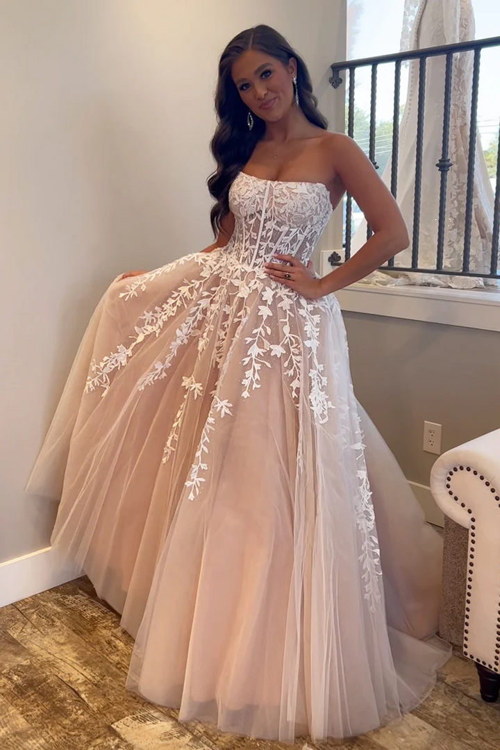 Bateau Strapless Tulle A-Line Lace Appliques Long Prom Dress