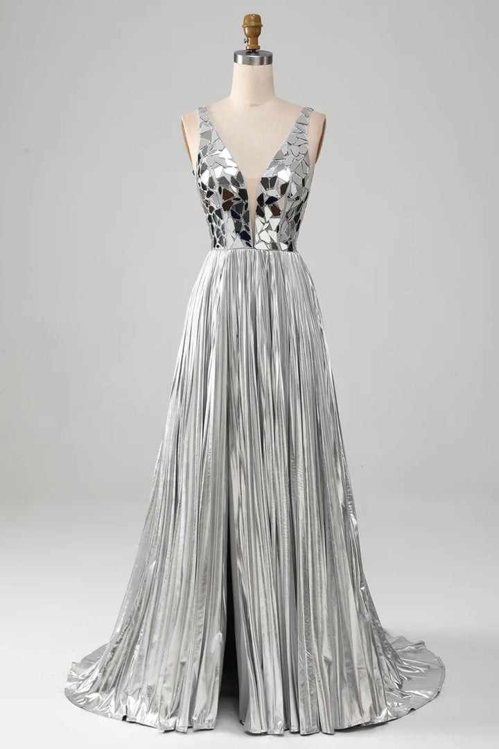 Beaded A-Line V-Neck Open Back Party Prom Dress