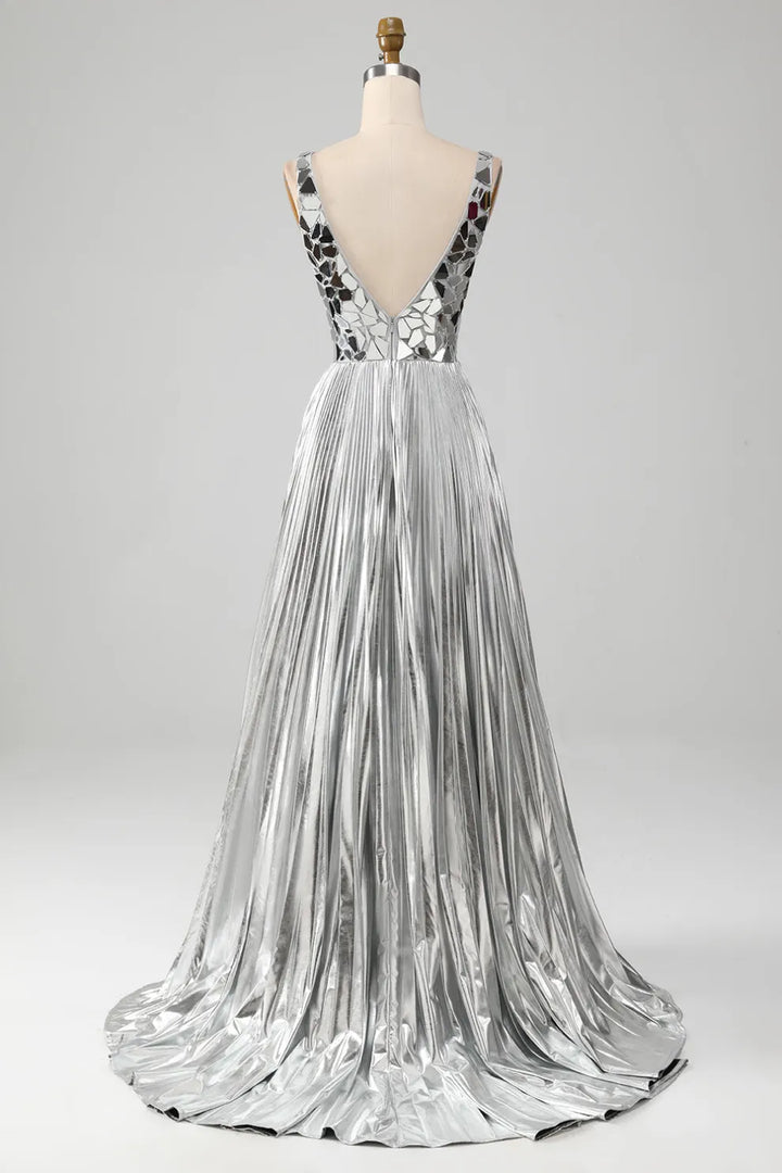 Beaded A-Line V-Neck Open Back Party Prom Dress