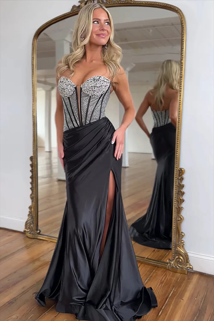 Beaded Empire Sweetheart Strapless Satin Mermaid Party Prom Dress
