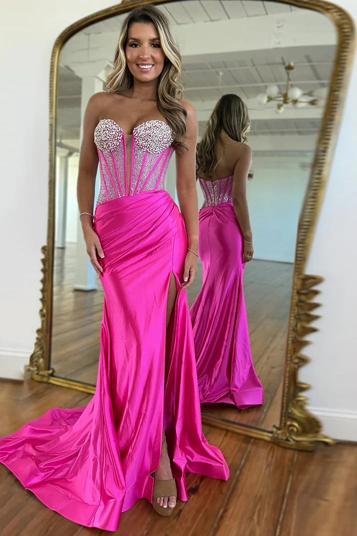 Beaded Empire Sweetheart Strapless Satin Mermaid Party Prom Dress