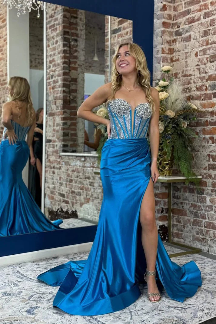Beaded Empire Sweetheart Strapless Satin Mermaid Party Prom Dress