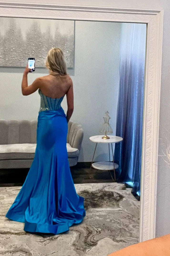 Beaded Empire Sweetheart Strapless Satin Mermaid Party Prom Dress