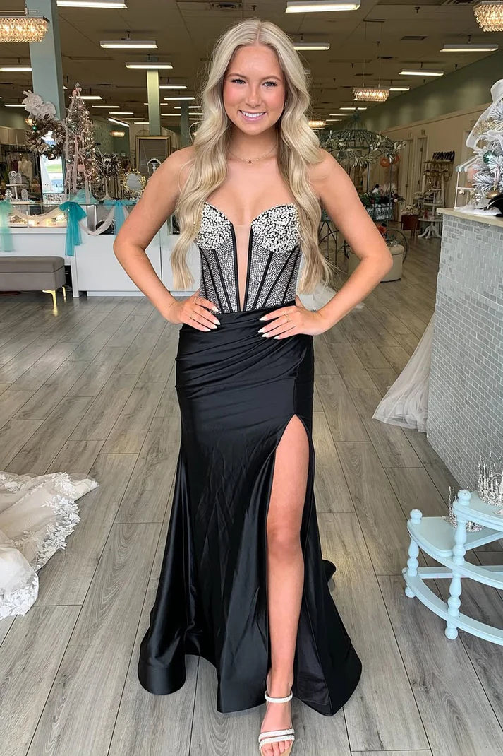 Beaded Empire Sweetheart Strapless Satin Mermaid Party Prom Dress