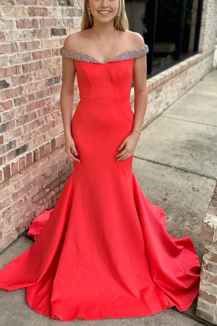 Beaded Off-Shoulder Satin Mermaid Formal Party Dress