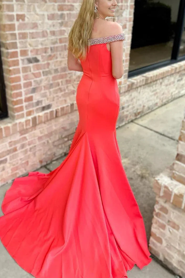 Beaded Off-Shoulder Satin Mermaid Formal Party Dress