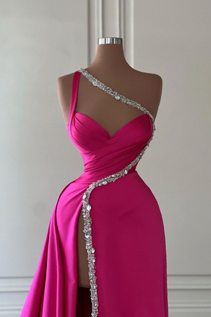 Beaded Satin Fitted One Shoulder With Side Slit Long Prom Dress