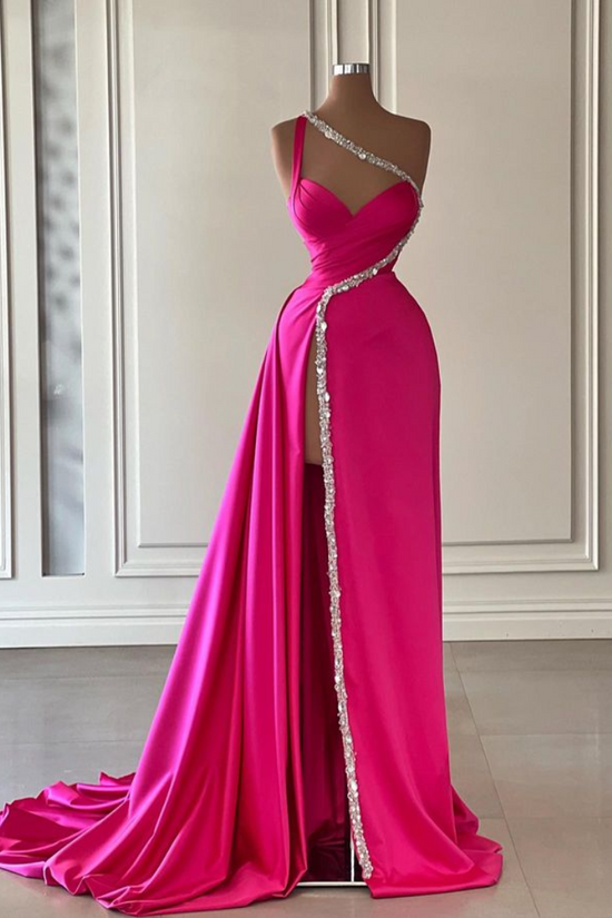 Beaded Satin Fitted One Shoulder With Side Slit Long Prom Dress Movousdress Beaded Satin Fitted One Shoulder With Side Slit Long Prom Dress Movousdress