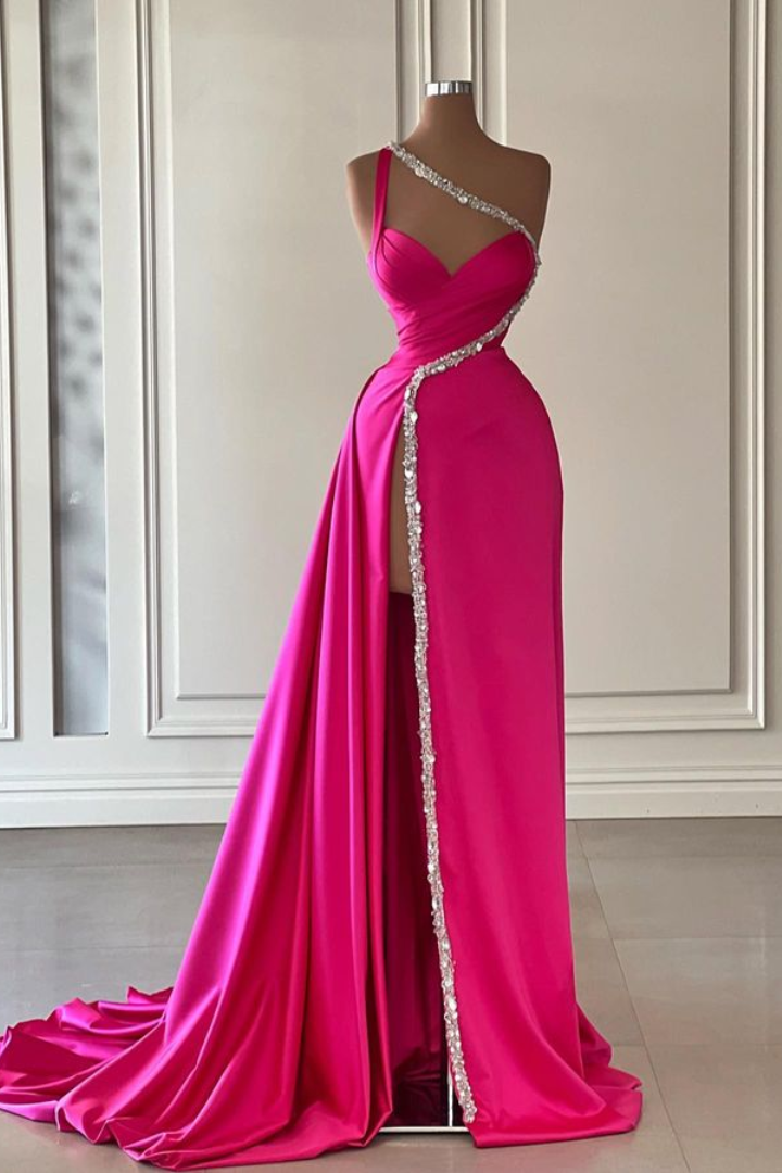 Beaded Satin Fitted One Shoulder With Side Slit Long Prom Dress